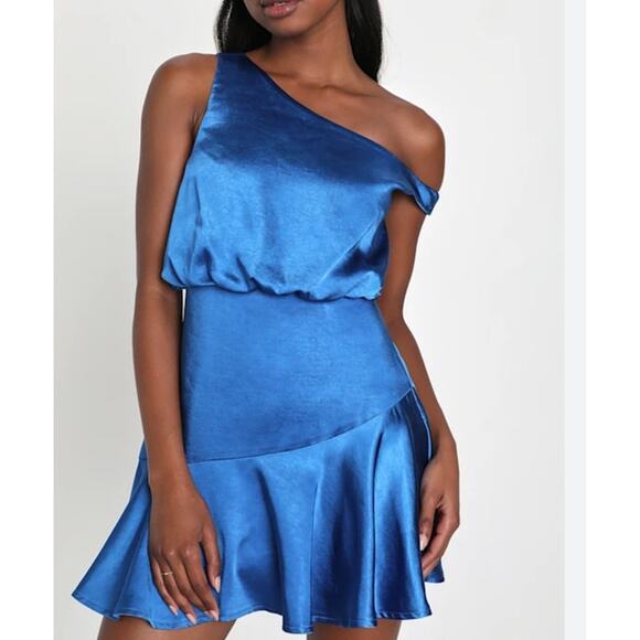 Lulus Dresses & Skirts - Lulus Blue Satin Mini Dress Off-The-Shoulder Dress Size S NWT